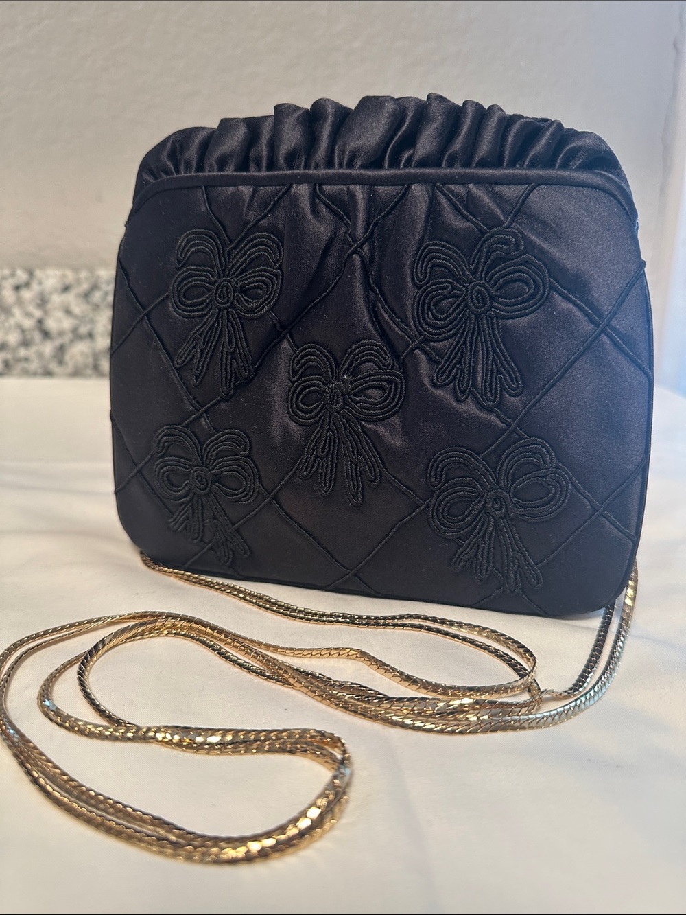 Judith Leiber Black Satin Bow-Embroidered Crossbody with Gold Chain